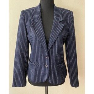 Vintage ‘80s Collegetown Navy Blue Striped Blazer w/ Tulip Hem Wool Bl. ILGWU XS